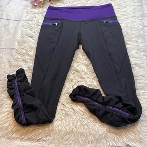 Lululemon Purple Black Ruched Zipper Leggings sz 8